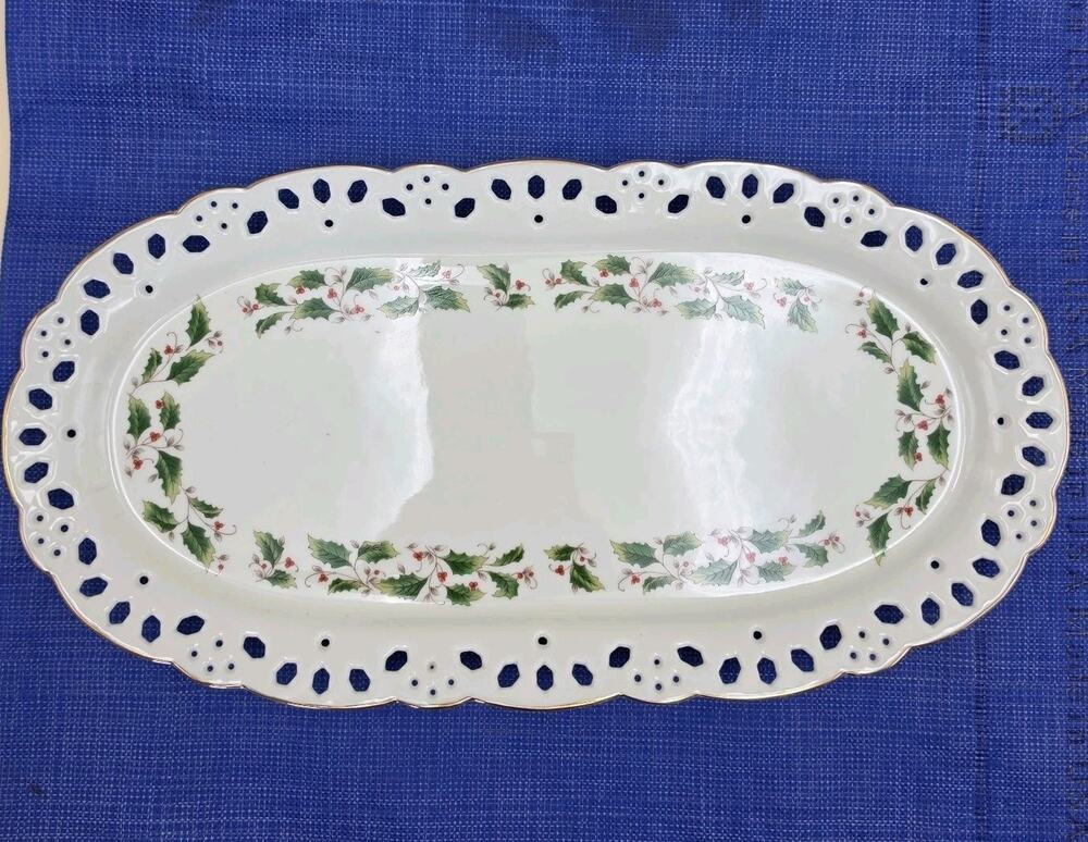 Vintage Royal Limited Holly Holiday Pierced Serving Platter 13.5" Oval Ceramic